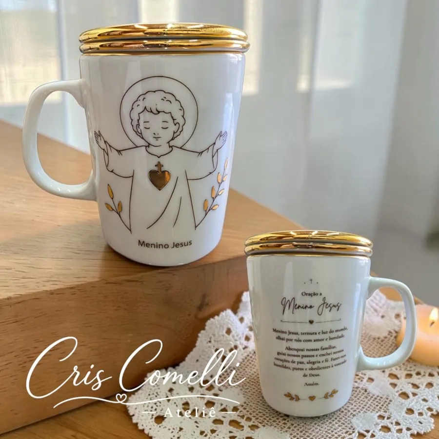Caneca Menino Jesus pintada à mão com oração no verso