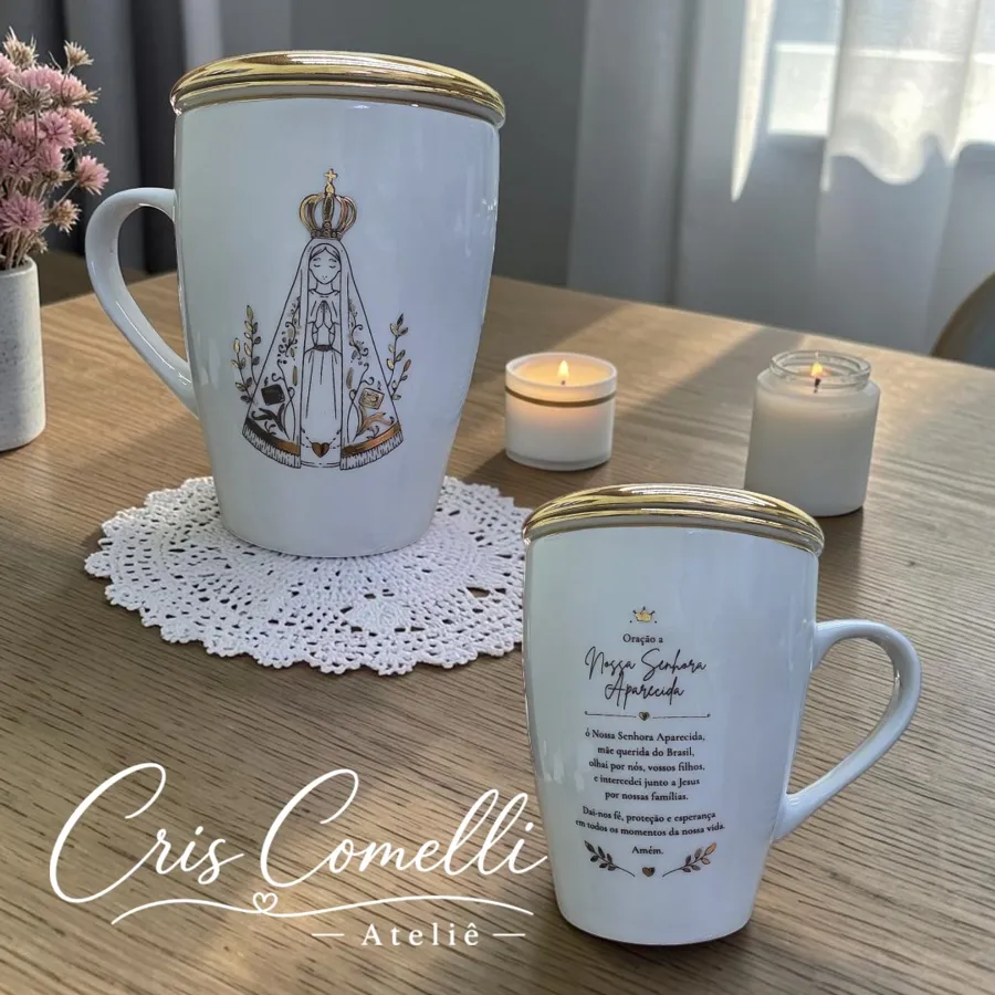 Caneca N. Sra. Aparecida pintada à mão com oração no verso