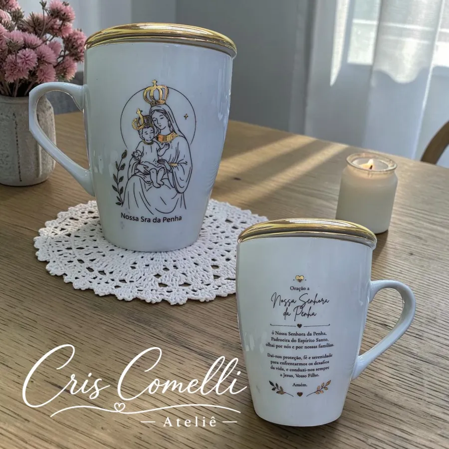 Caneca N. Sra. da Penha pintada à mão com oração no verso