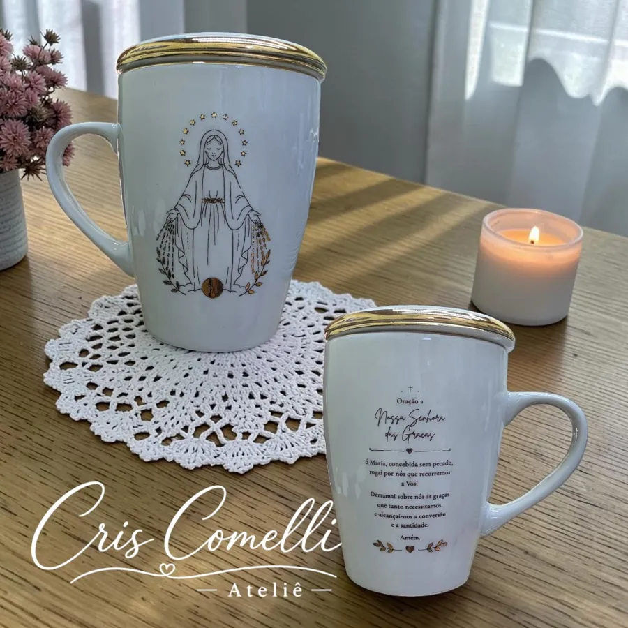Caneca N. Sra. das Graças pintada à mão com oração no verso