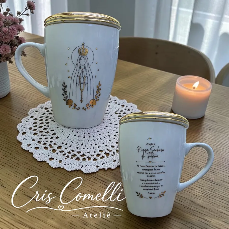 Caneca N. Sra. de Fátima pintada à mão com oração no verso