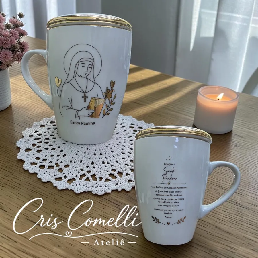 Caneca Santa Paulina pintada à mão com oração no verso