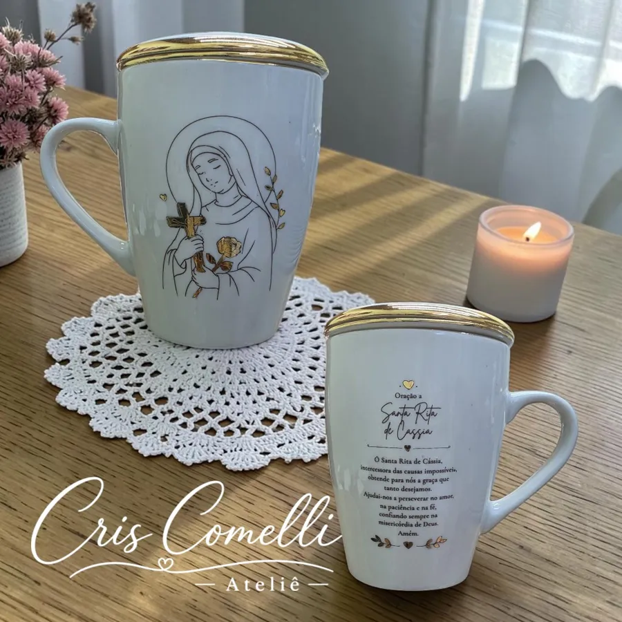 Caneca Santa Rita de Cássia pintada à mão com oração no verso