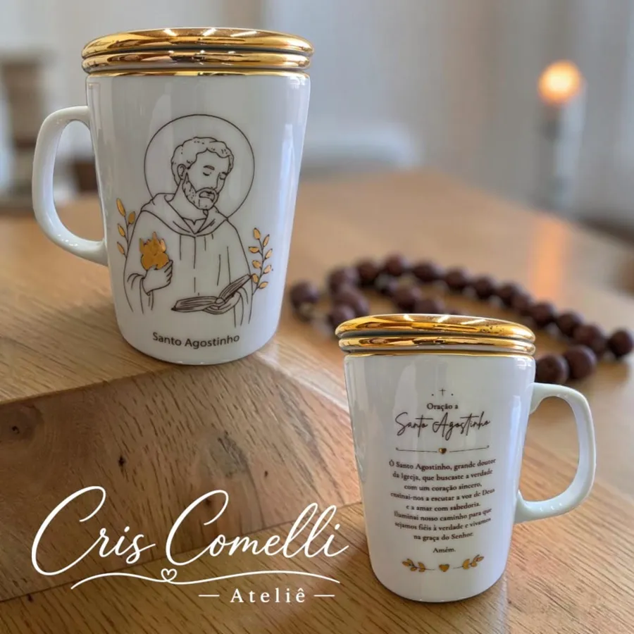 Caneca Santo Agostinho pintada à mão com oração no verso