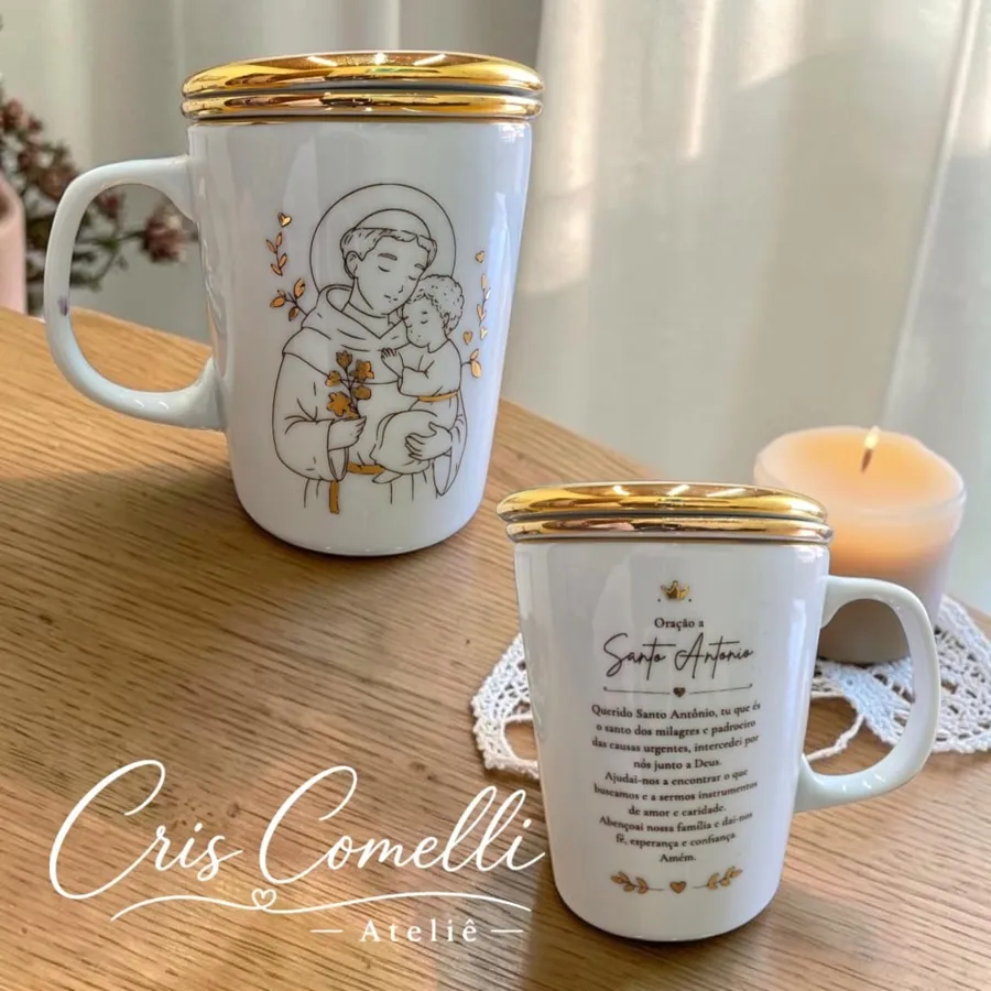 Caneca Santo Antônio pintada à mão com oração no verso