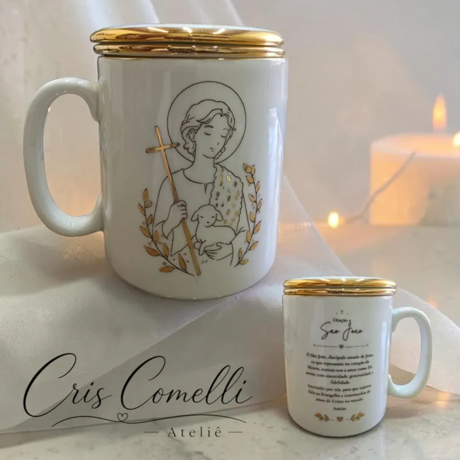 Caneca São João pintada à mão com oração no verso