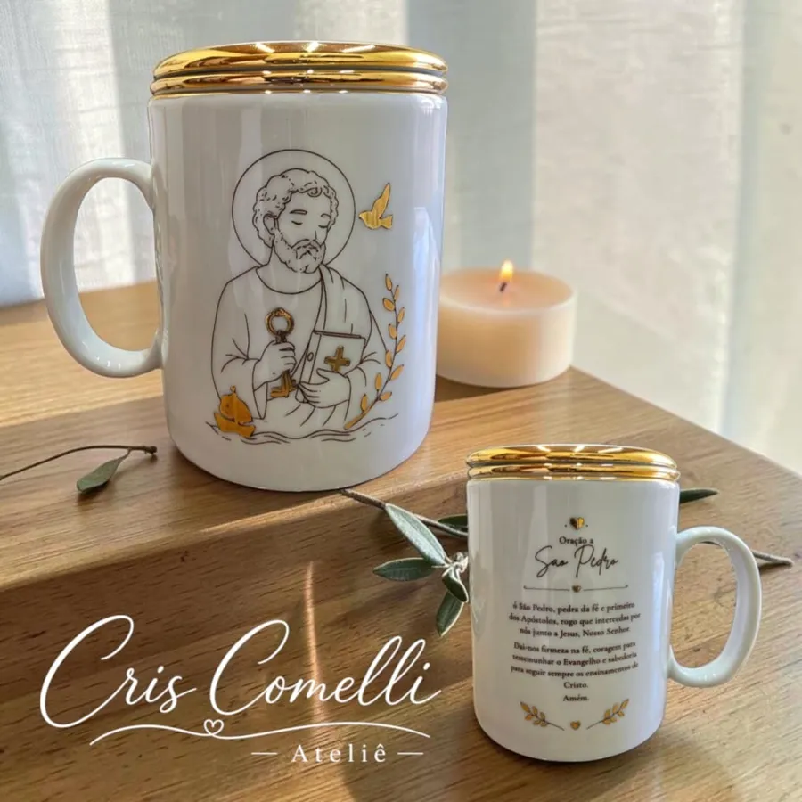 Caneca São Pedro pintada à mão com oração no verso