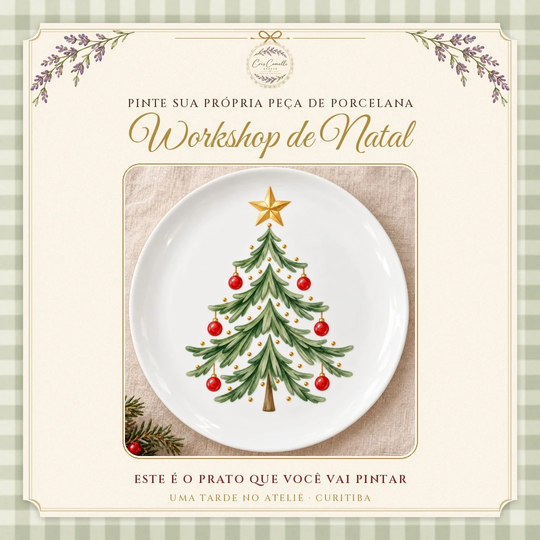 Prato de Natal com pinheirinho que você vai pintar no Workshop de Natal